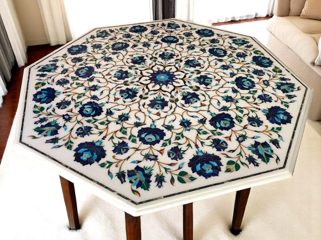 Marble Top End Coffee Table – Floral Lapis & Turquoise Inlay Gemstone Design